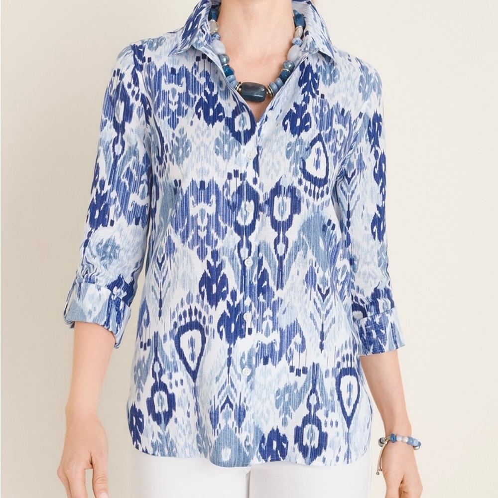 Chico’s Linen Ikat-Print Blue‎ Women Roll Tab Sleeve Buttons Front Top Sz 1